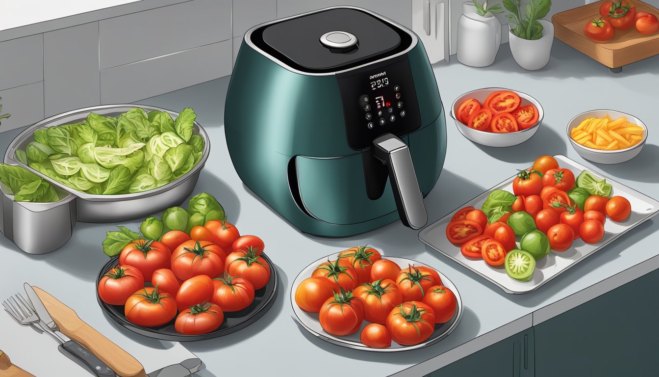 Fresh tomatoes being sliced and arranged on air fryer trays, with the air fryer set to the appropriate temperature