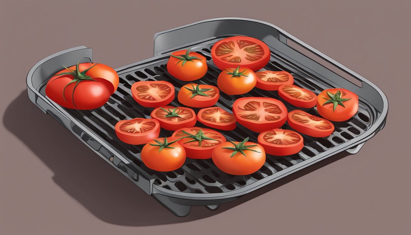 Fresh tomatoes sliced and arranged on the air fryer tray, with the air fryer set to the dehydrate function