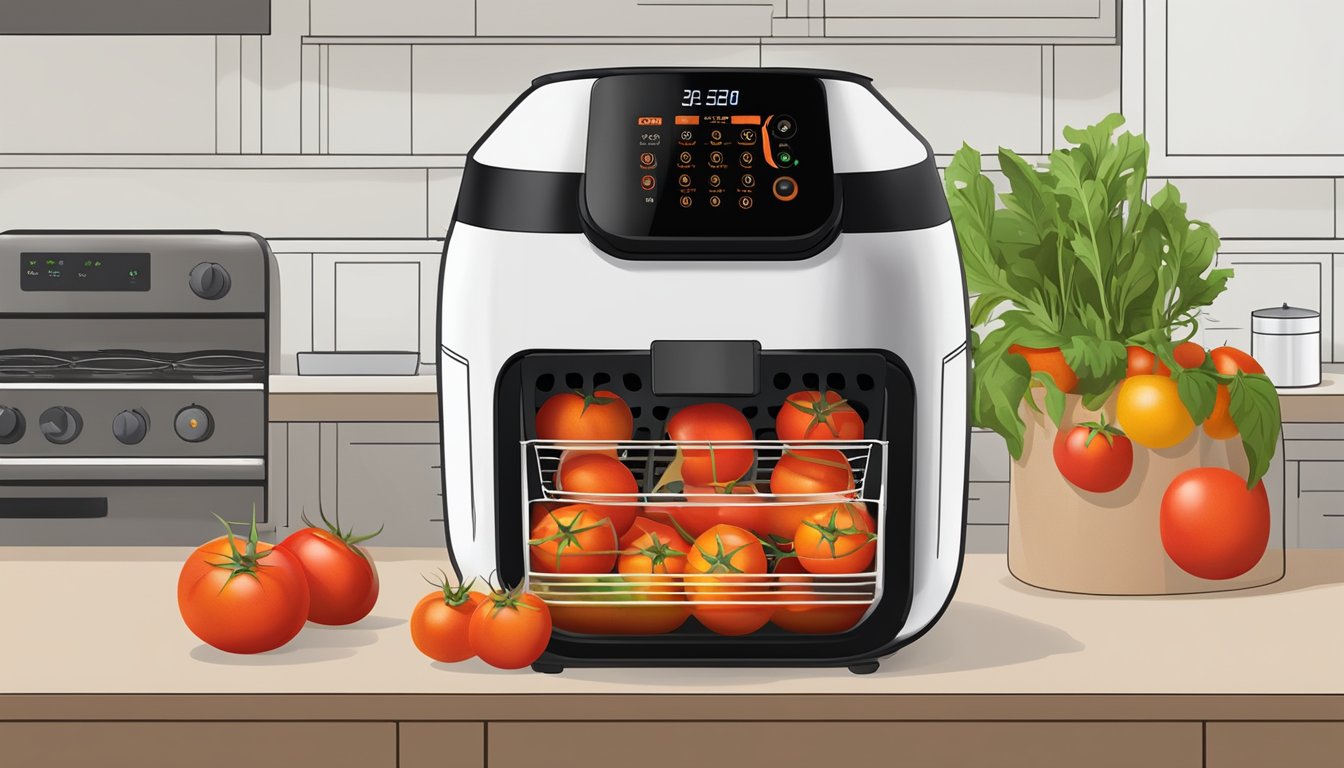 Fresh tomatoes placed in an air fryer, set to dehydrate mode, with the machine's timer and temperature controls visible