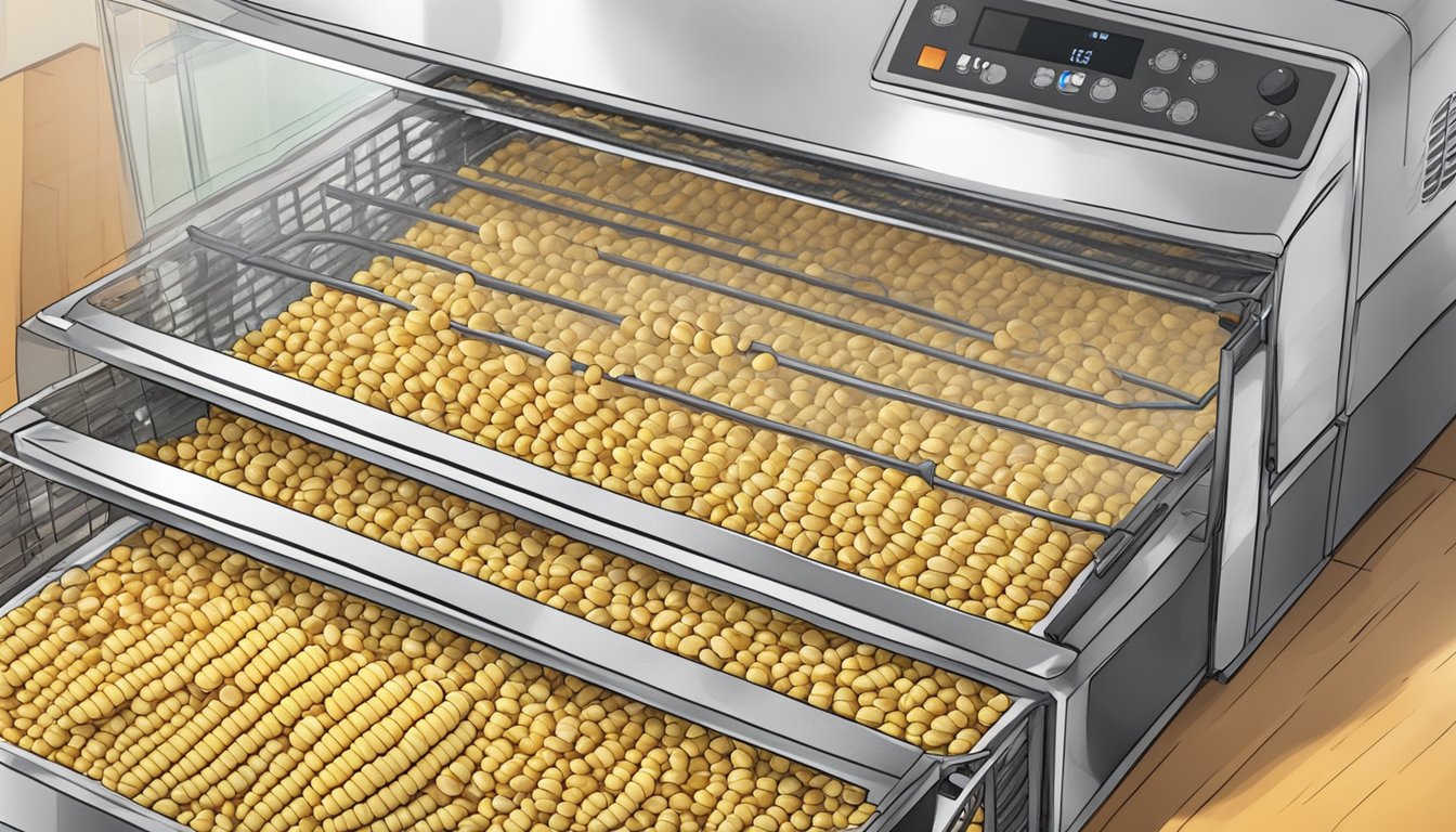 Dehydrated corn being placed on a mesh tray inside a food dehydrator, with the machine turned on and emitting heat