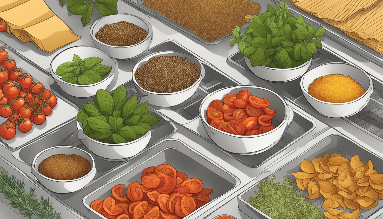 Tomato skins laid out on dehydrator trays, surrounded by bowls of seasonings and herbs