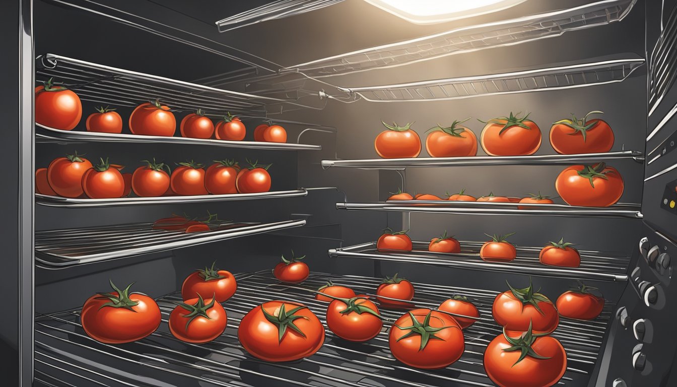 Fresh tomatoes being sliced and arranged on a wire rack inside an oven, with the door slightly ajar and warm air circulating around them