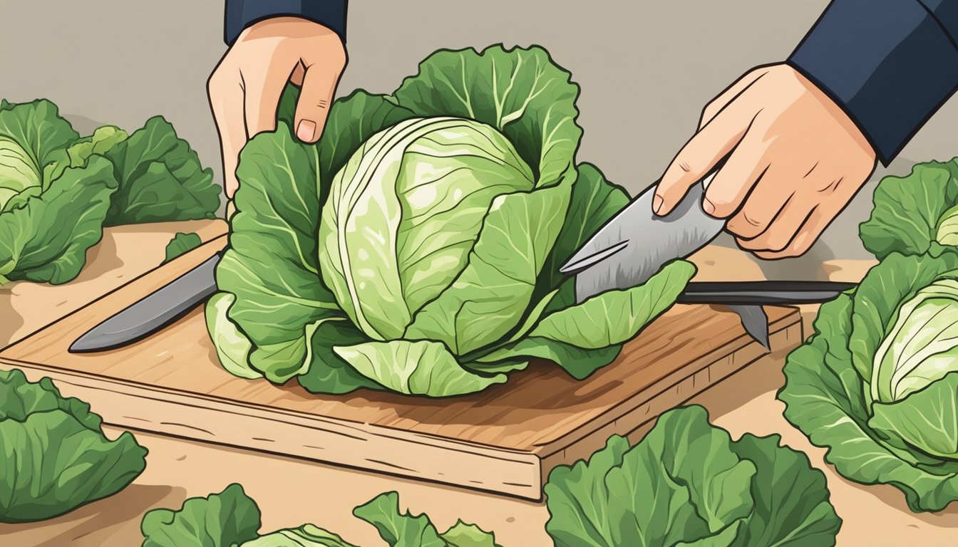 A person selecting a fresh cabbage from a pile, with a knife and cutting board nearby for dehydrating