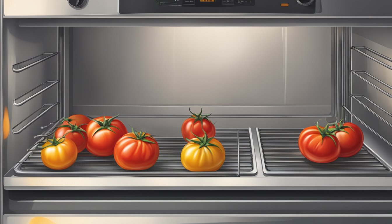 Tomatoes sliced on a baking sheet, oven door open, heat waves rising