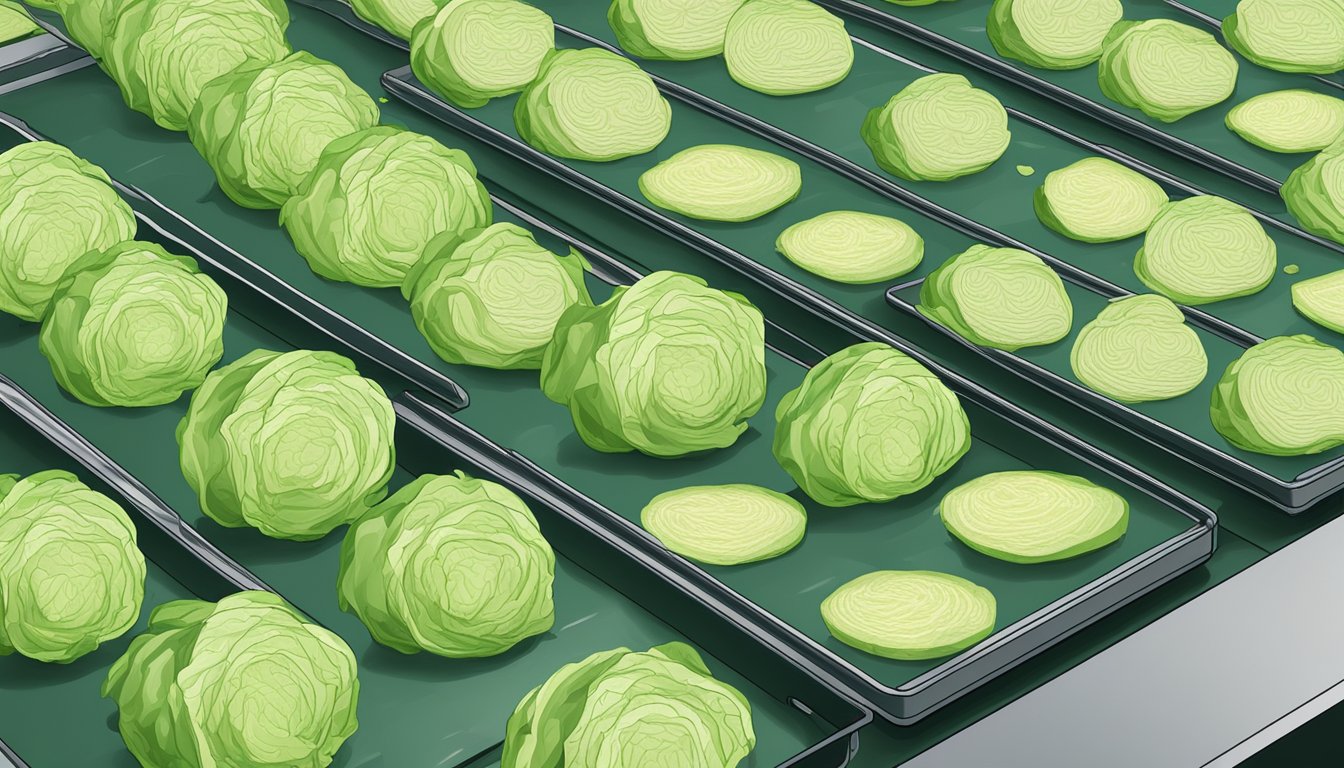 Fresh cabbage slices laid out on dehydrator trays, with the dehydrator machine in the background