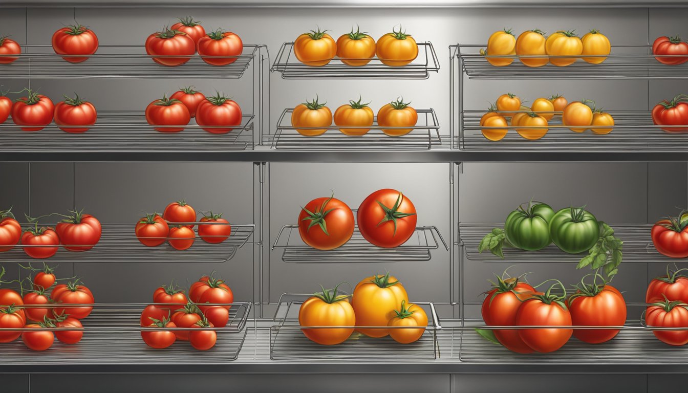 Tomatoes sliced and arranged on wire racks inside a warm oven