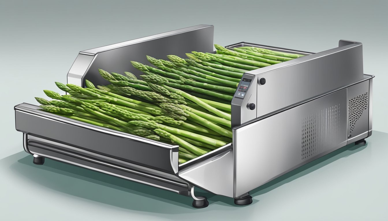 Fresh asparagus spears laid out on a dehydrator tray, with the machine running and warm air circulating around the vegetables