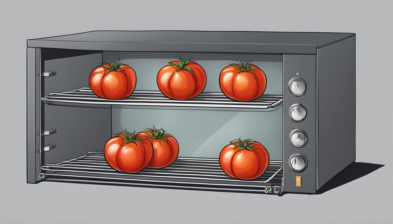 Whole tomatoes placed on wire racks inside a hot oven, with the oven door slightly ajar to allow for air circulation