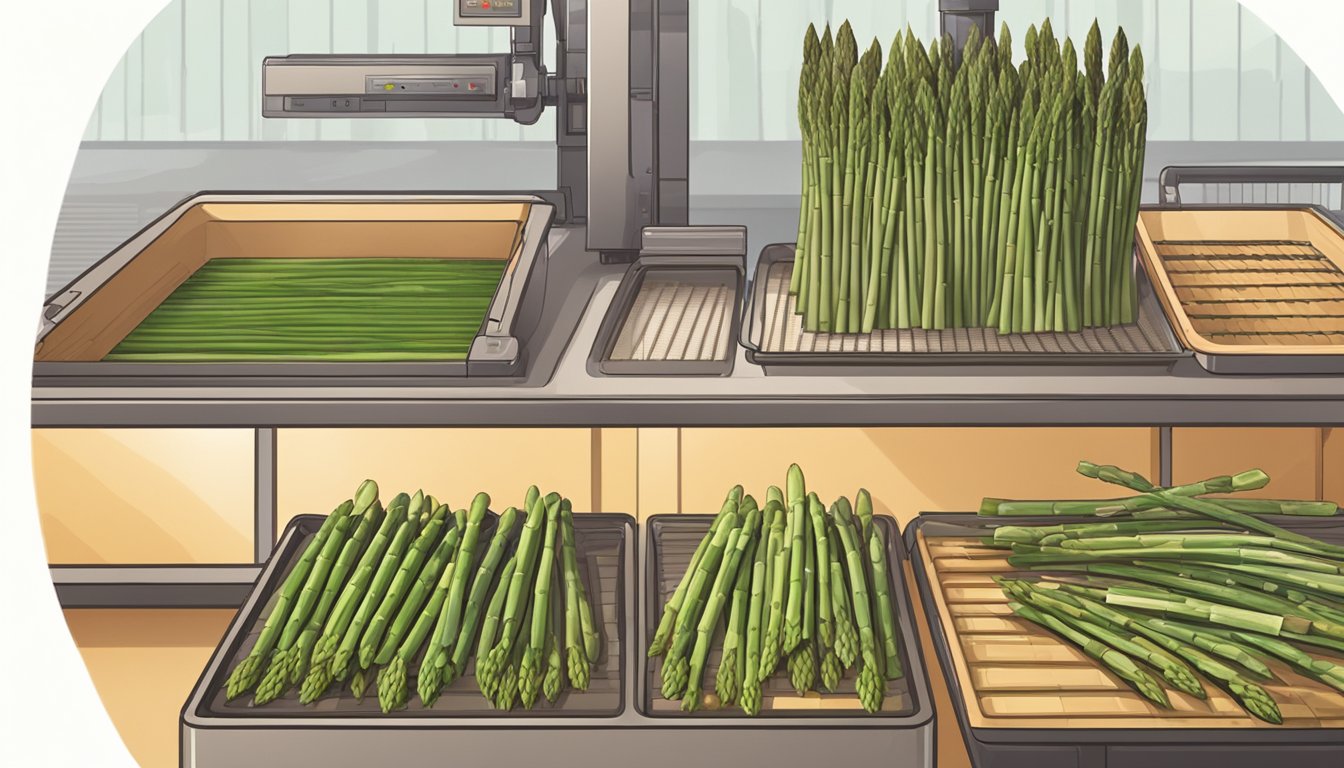 Fresh asparagus laid out on dehydrator trays, surrounded by a pile of trimmed ends. A person operates the dehydrator machine