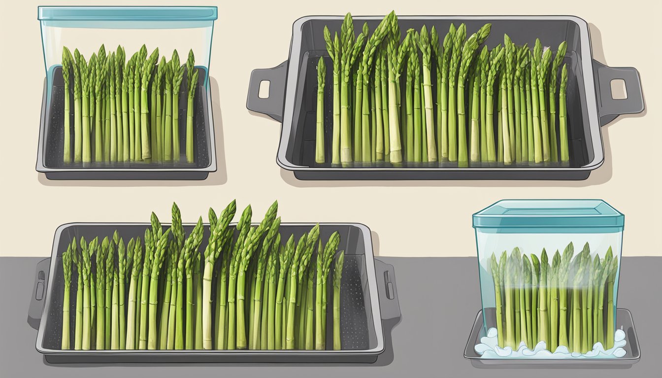 Asparagus spears being soaked in water and then placed on dehydrator trays