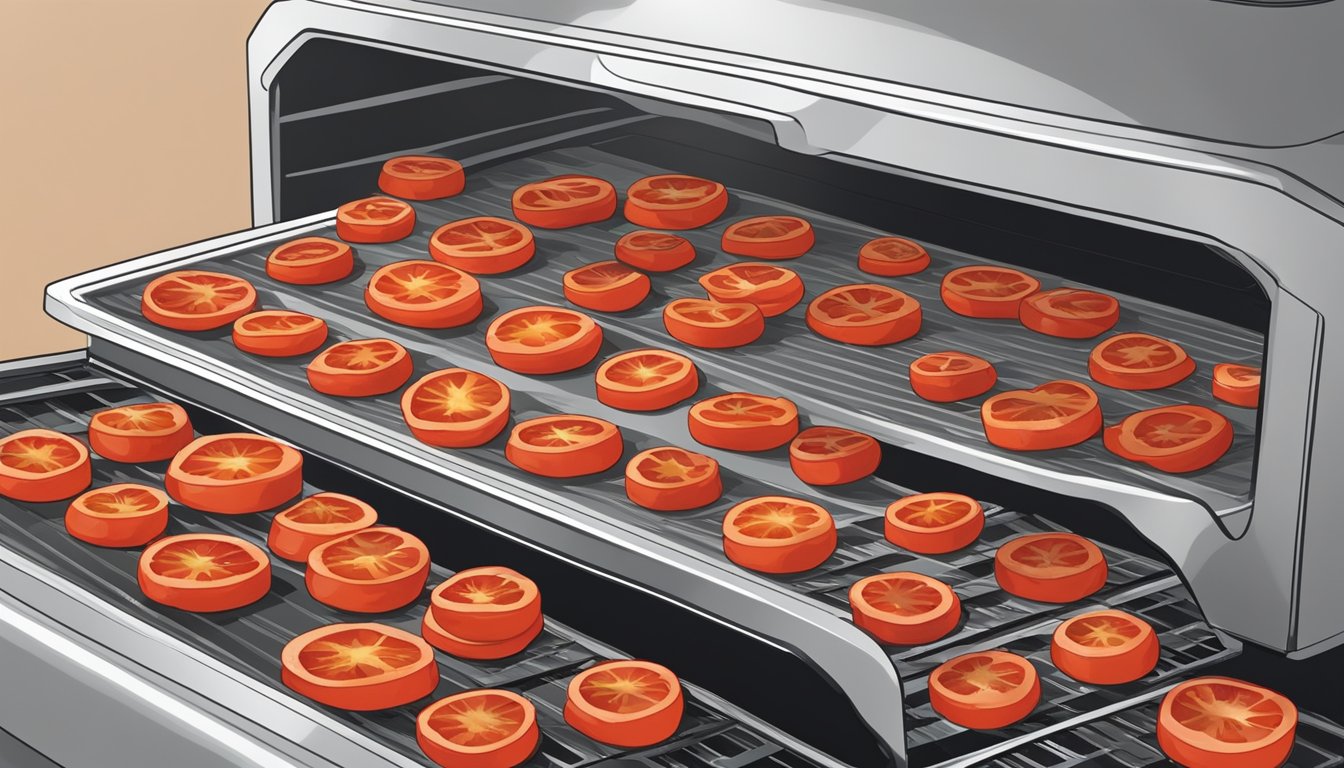 Tomato slices laid out on a dehydrator tray, with the machine turned on and emitting warm air