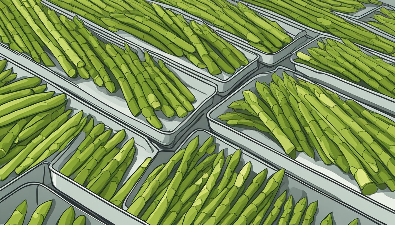 Fresh asparagus laid out on dehydrator trays, ready to be dried to perfection