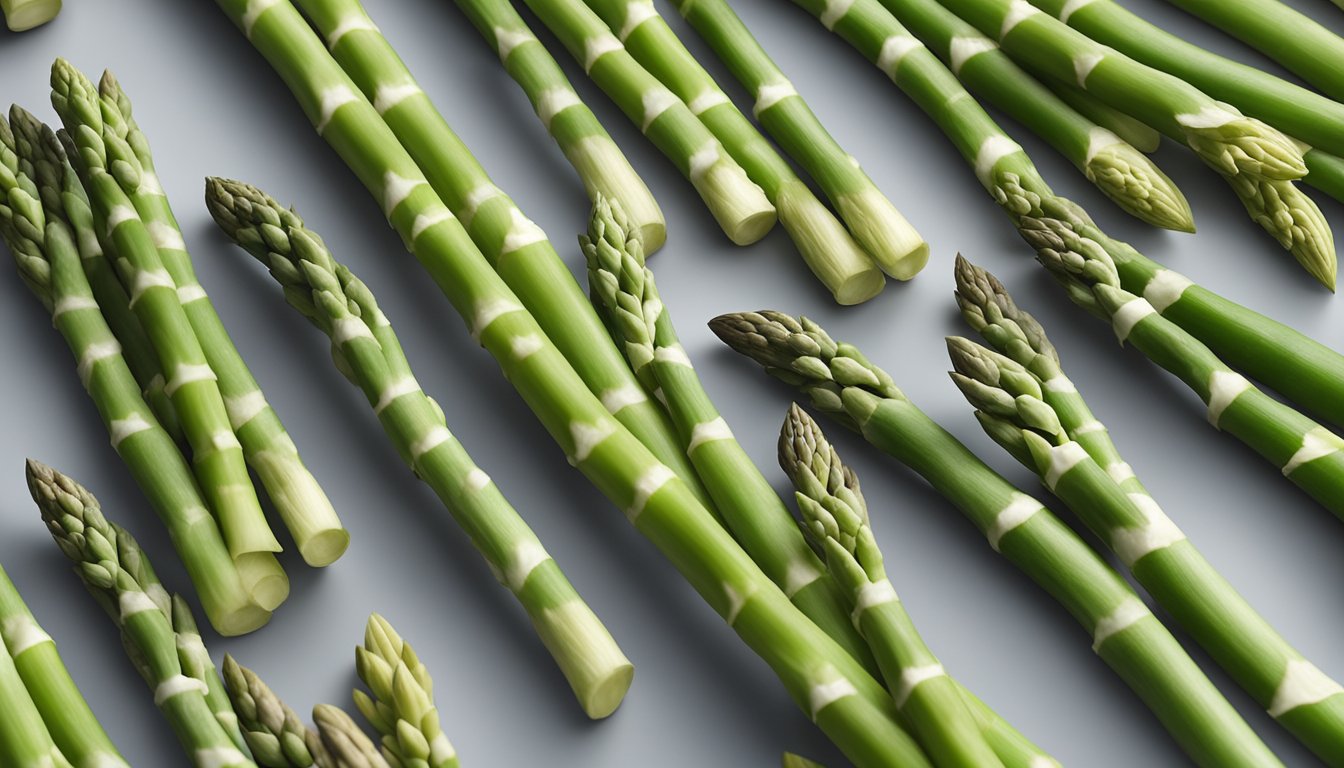 Fresh asparagus laid out on a dehydrator tray, with uniform cuts and spaced apart, ready for dehydration