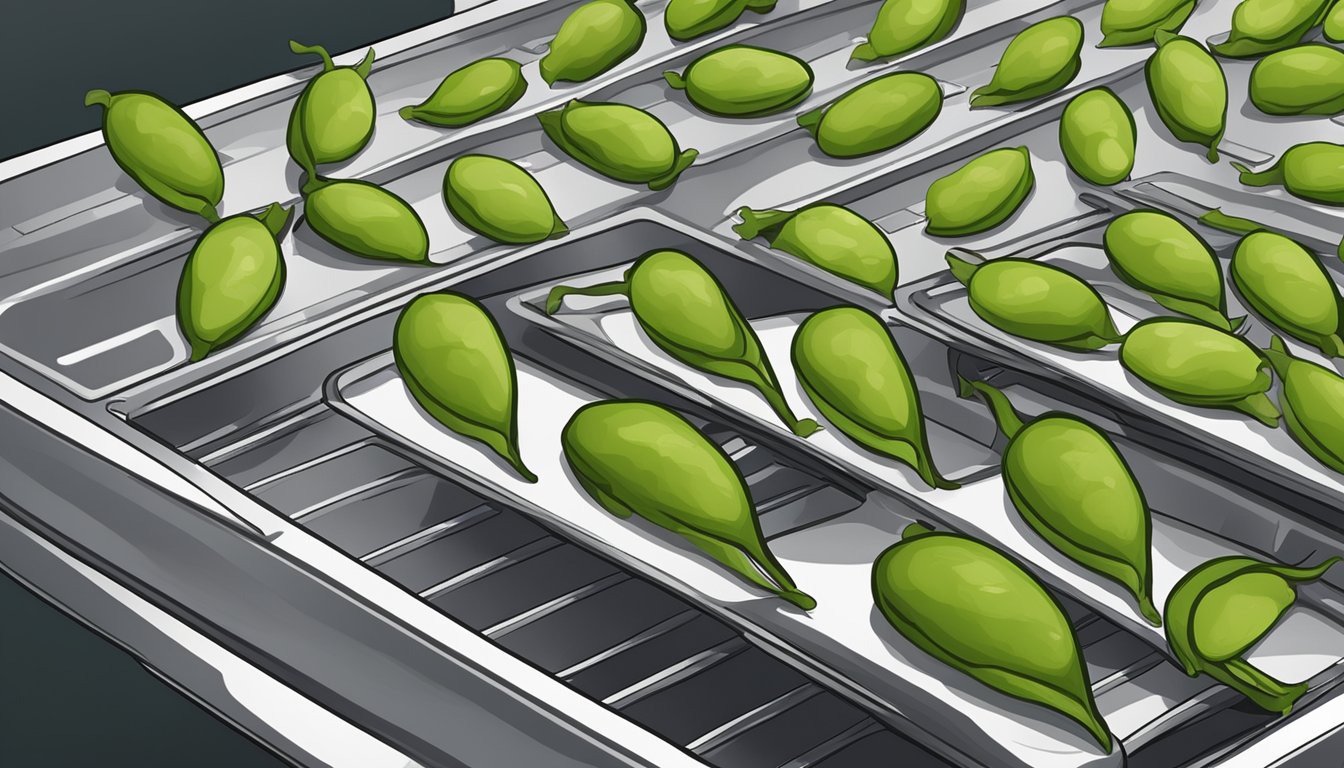 Edamame pods laid out on a dehydrator tray, with the machine set to a low temperature