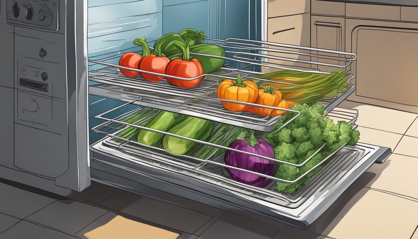 Fresh vegetables arranged on wire racks in an open oven, with the door slightly ajar. Heat waves rising from the vegetables as they slowly dehydrate