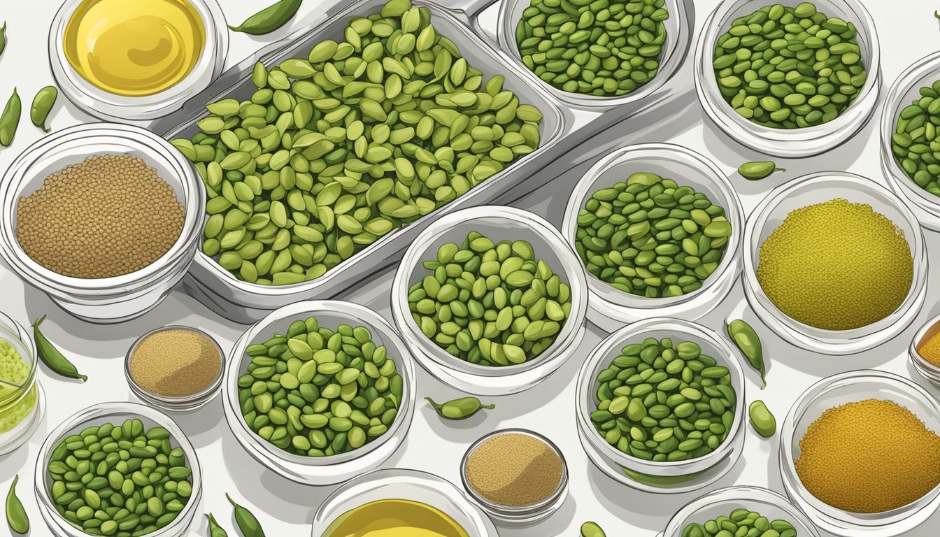 Edamame pods laid out on dehydrator trays, surrounded by bowls of seasoning and a jar of oil