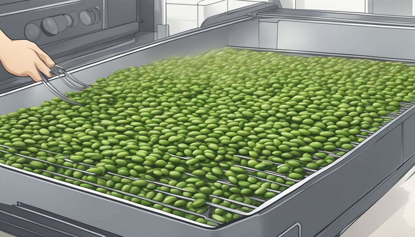 Fresh edamame pods being washed and placed on a dehydrator tray, ready for the dehydration process