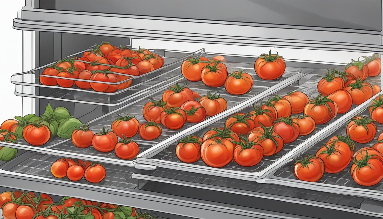 Fresh tomatoes sliced thin, arranged on dehydrator trays. Warm air circulating, slowly drying the tomatoes