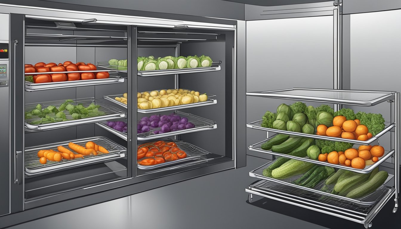 Fresh vegetables arranged on wire racks inside a preheated oven, with the door slightly ajar for airflow