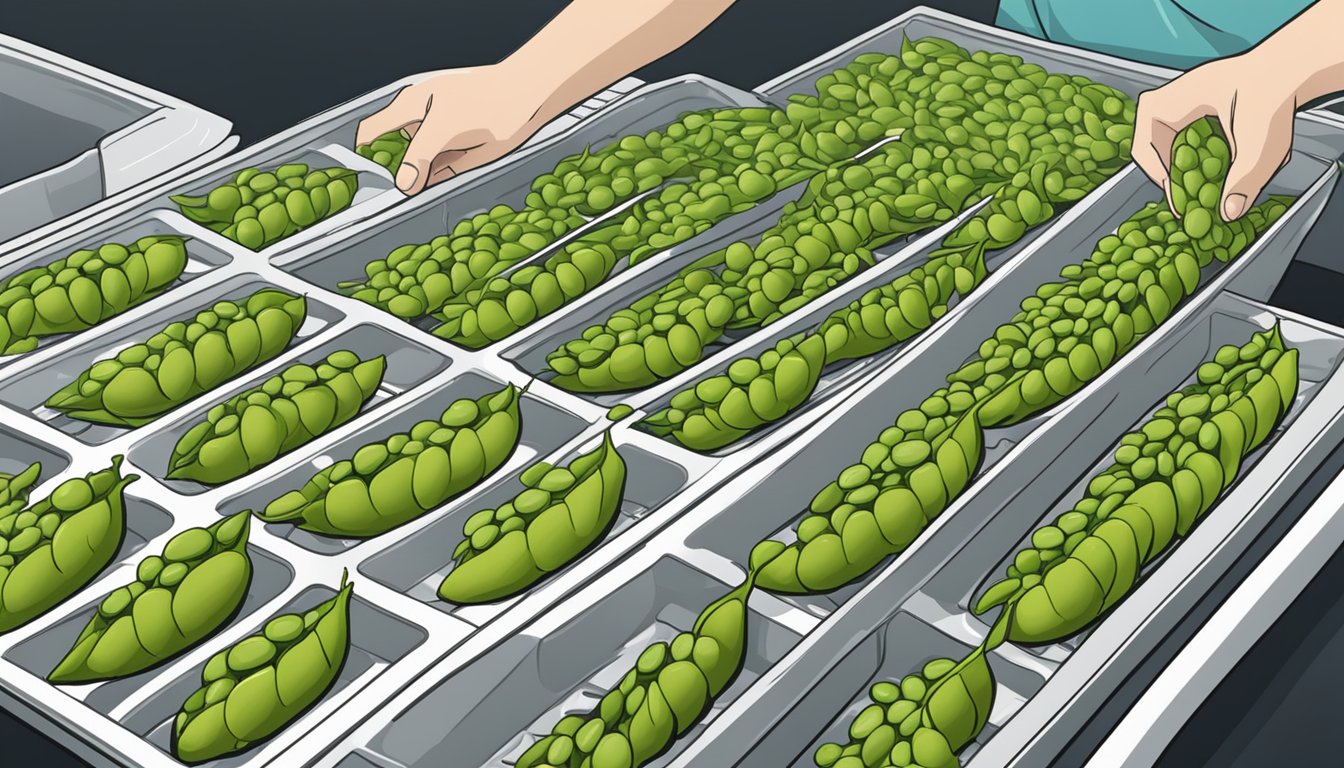 Edamame pods laid out on dehydrator trays, with a person removing them after dehydration