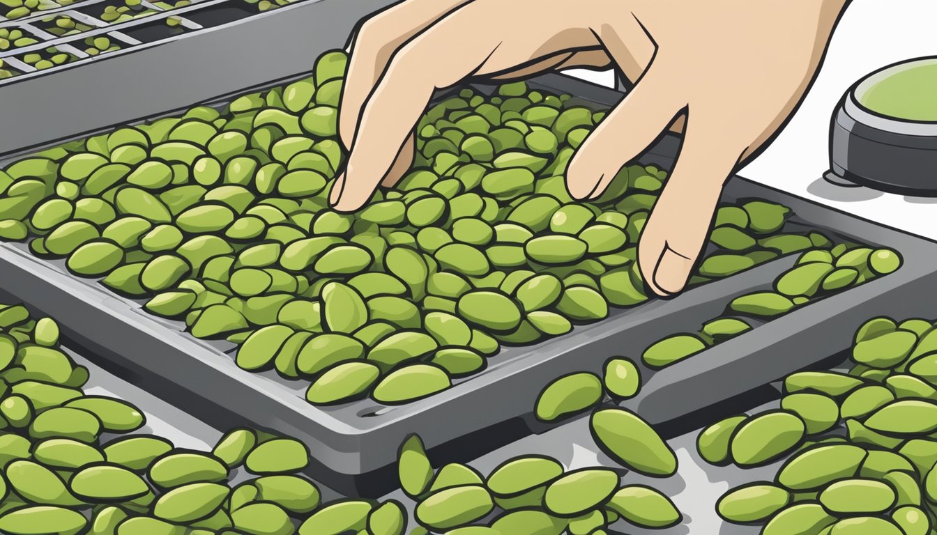 Edamame pods spread out on a dehydrator tray, surrounded by scattered beans. A hand reaches to adjust the temperature dial