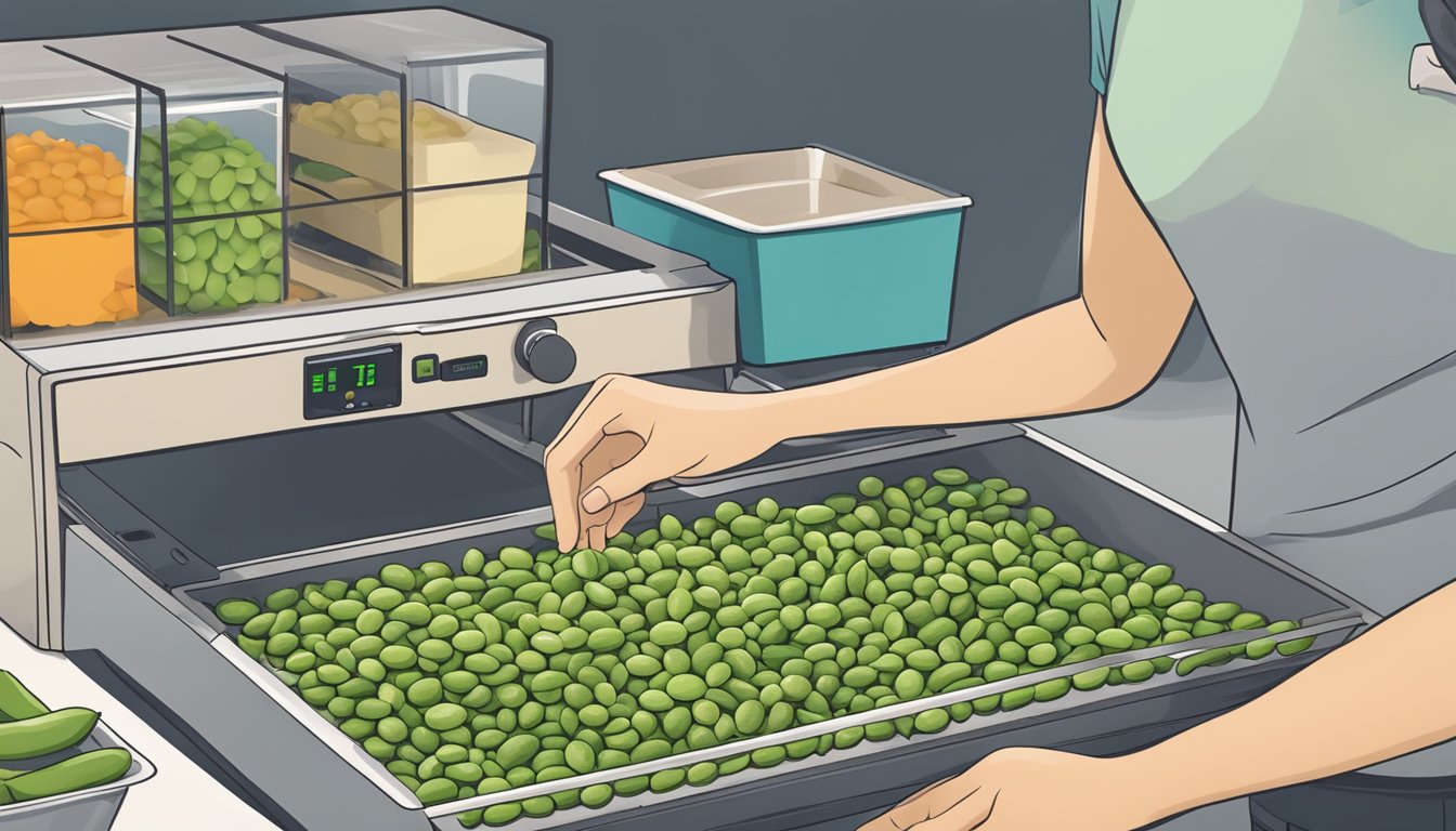 A person placing edamame on a dehydrator tray, adjusting settings