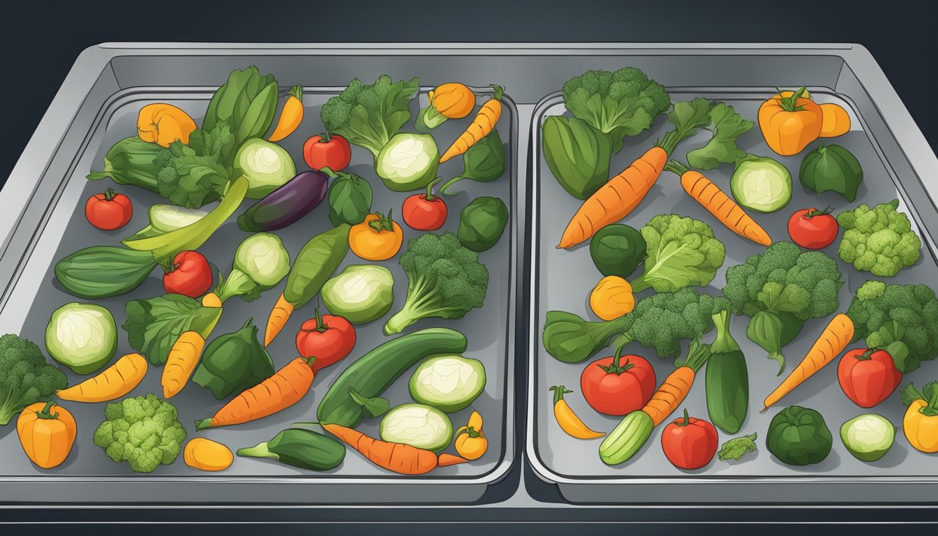 Fresh vegetables laid out on baking trays in an oven, with the heat set to a low temperature for dehydration