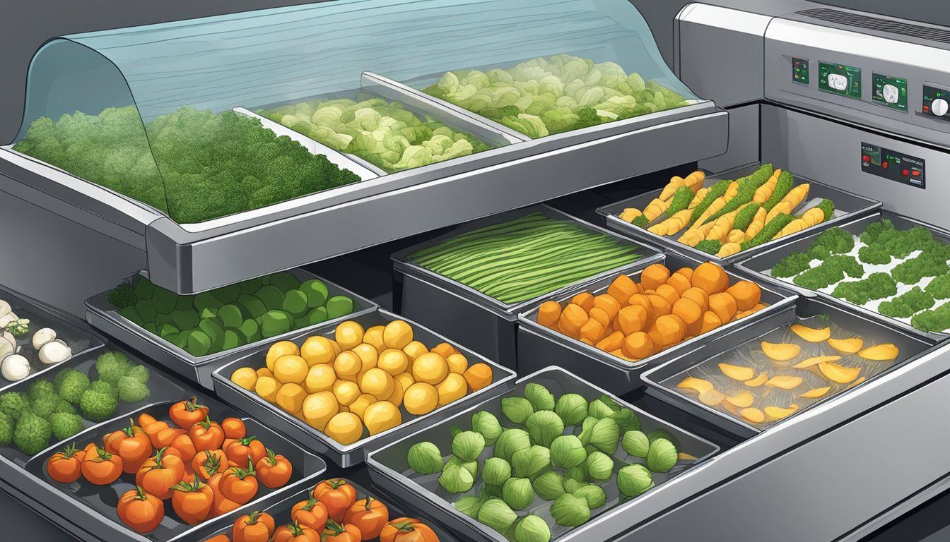 Assorted vegetables laid out on dehydrator trays, with the machine running and emitting warm air