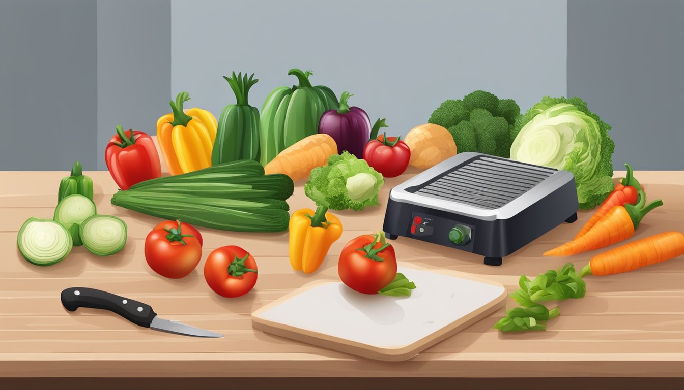 A table with assorted fresh vegetables, a dehydrator, and a cutting board with a knife