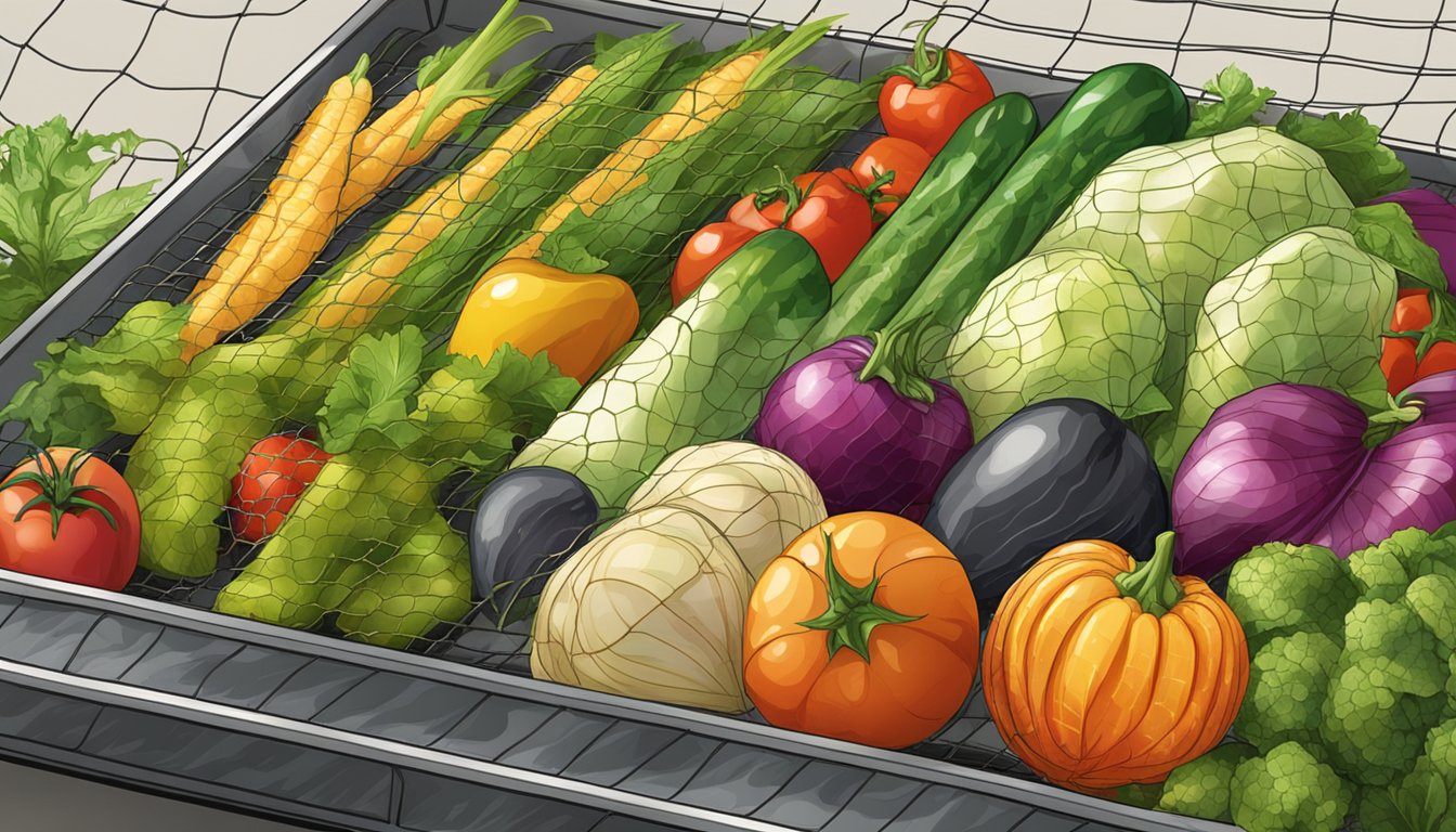 Assorted vegetables spread on a mesh tray under the sun