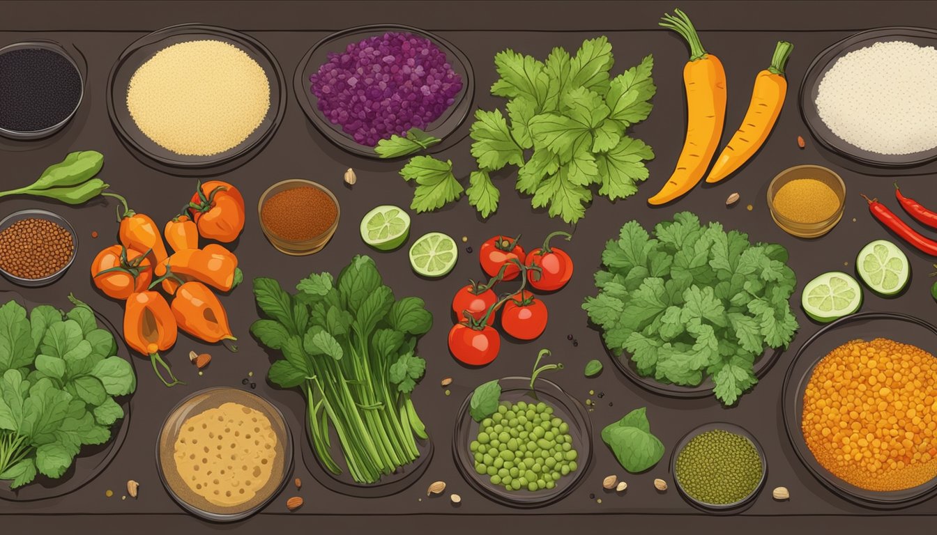 Assorted vegetables laid out on dehydrator trays, surrounded by various seasonings and spices