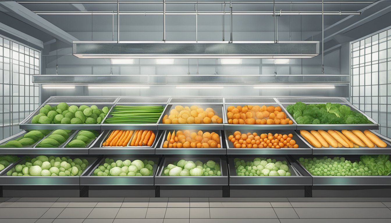 Fresh vegetables laid out on a wire rack in a well-ventilated area, with a fan nearby for air circulation