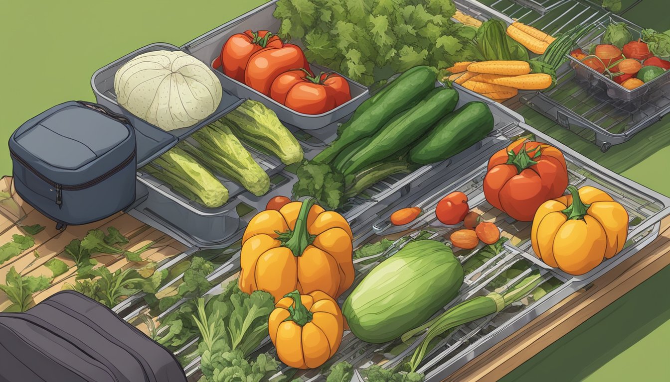 Assorted vegetables laid out on dehydrator trays, surrounded by a backpack and camping gear