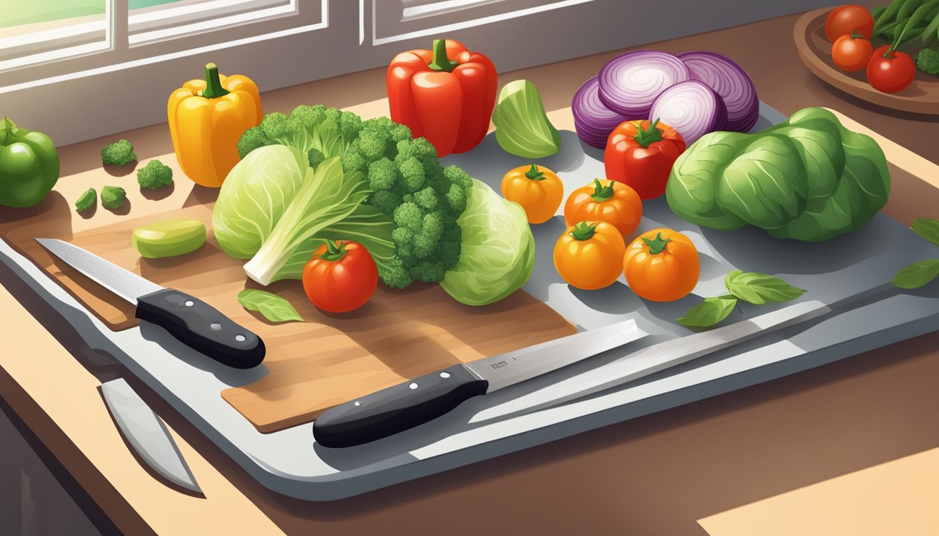 Assorted fresh vegetables laid out on a baking sheet, with a knife and cutting board nearby. A window shows the sun shining in the background