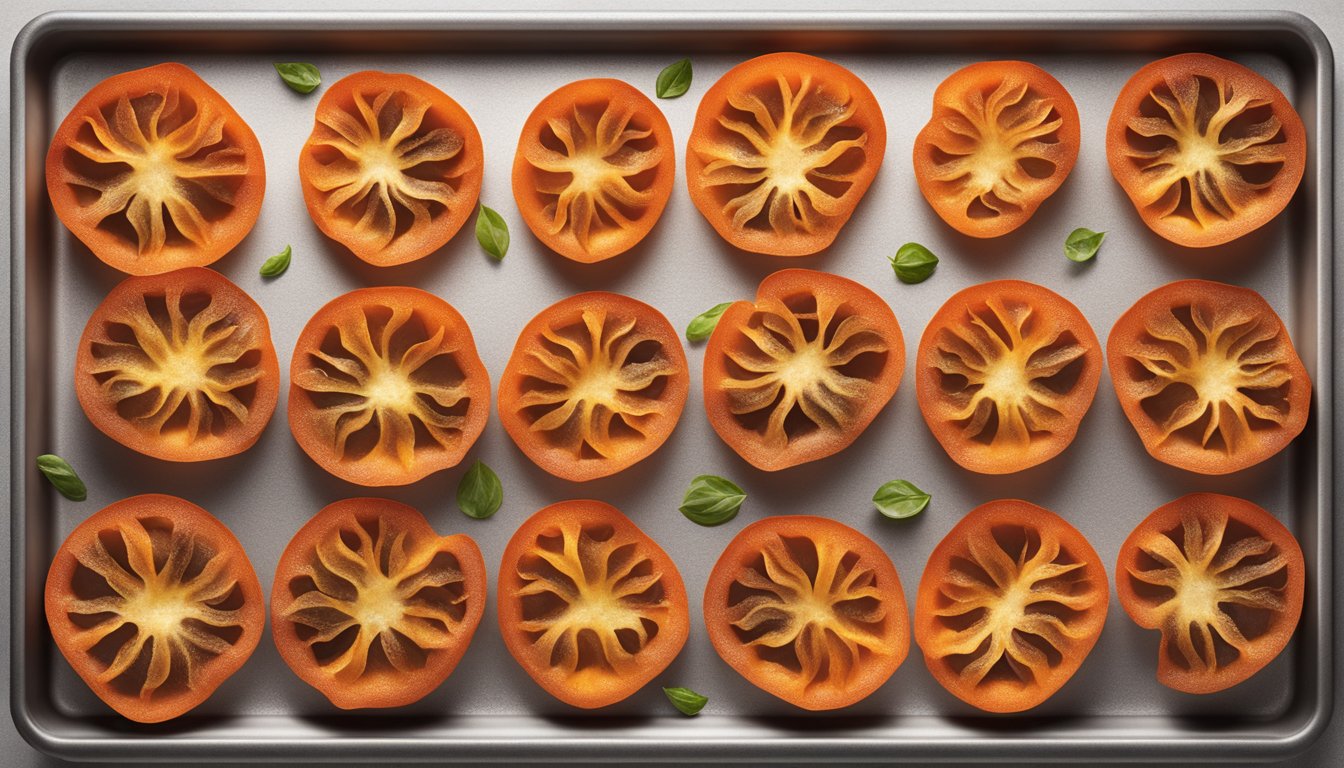 Tomato skins laid out on a baking sheet, placed in an oven, with heat waves rising