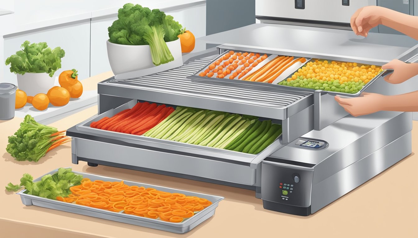 A person places sliced vegetables on dehydrator trays, then sets the machine to dry them out