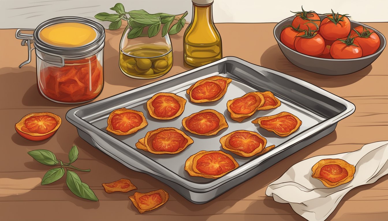 Tomato skins spread on a baking sheet, placed in the oven, with a bottle of olive oil infused with the dried tomato skins