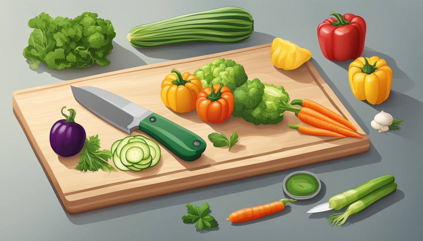 Fresh vegetables arranged on a cutting board, a sharp knife, a cutting board, and a dehydrator on a kitchen counter