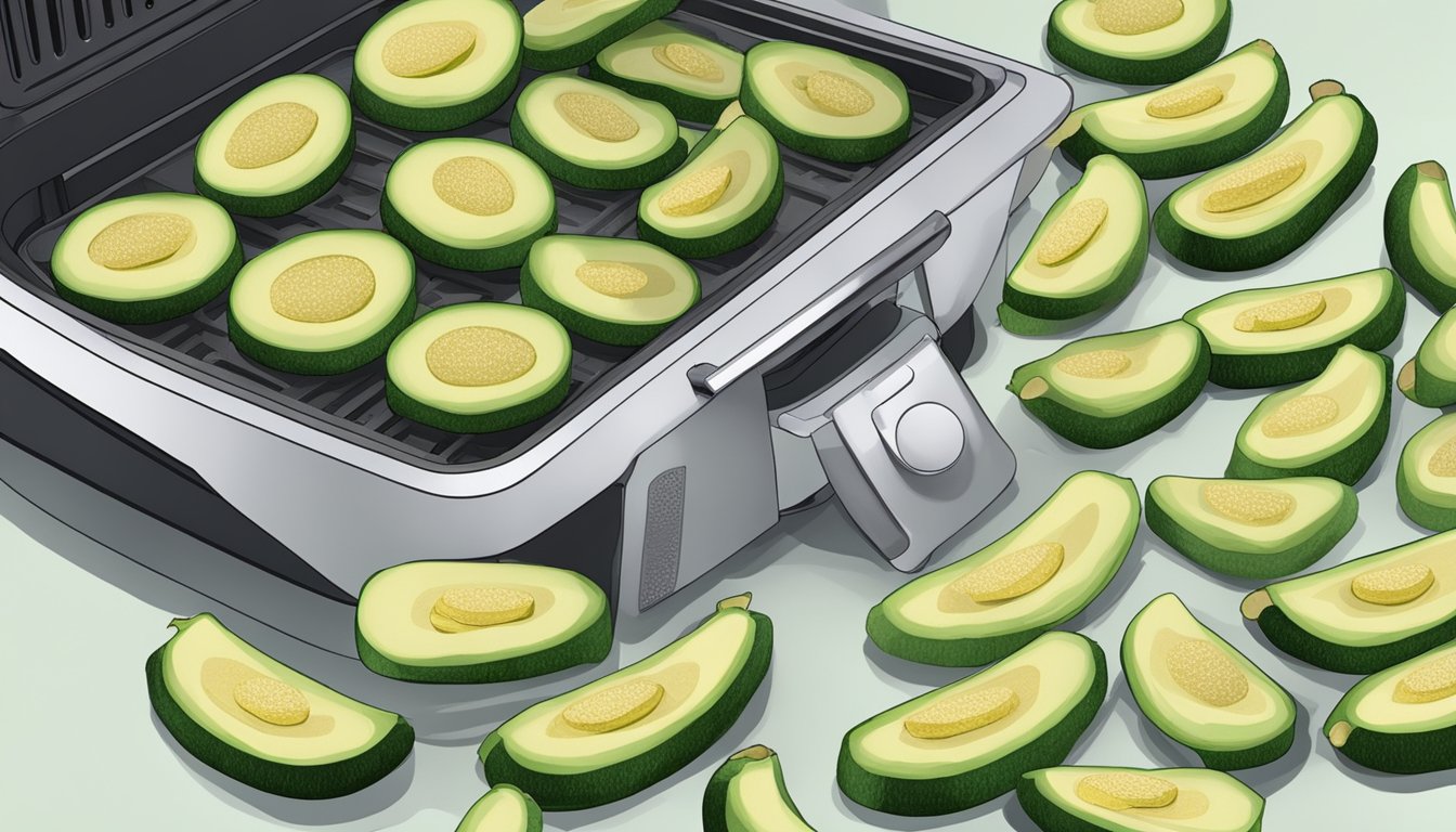 Fresh zucchini slices arranged on air fryer trays, with the air fryer and necessary utensils nearby