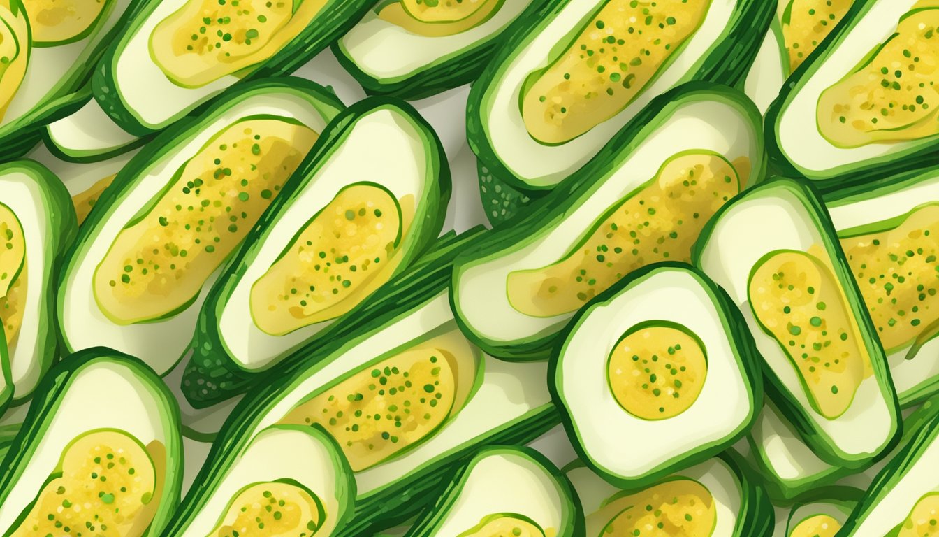 Fresh zucchini slices arranged in a single layer inside an air fryer basket, with a sprinkle of seasoning on top