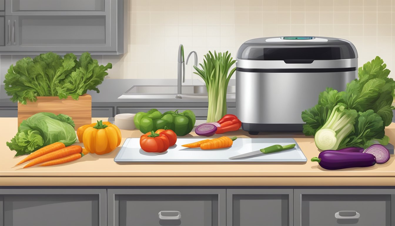 A kitchen counter with assorted vegetables, cutting board, knife, and dehydrator ready for use