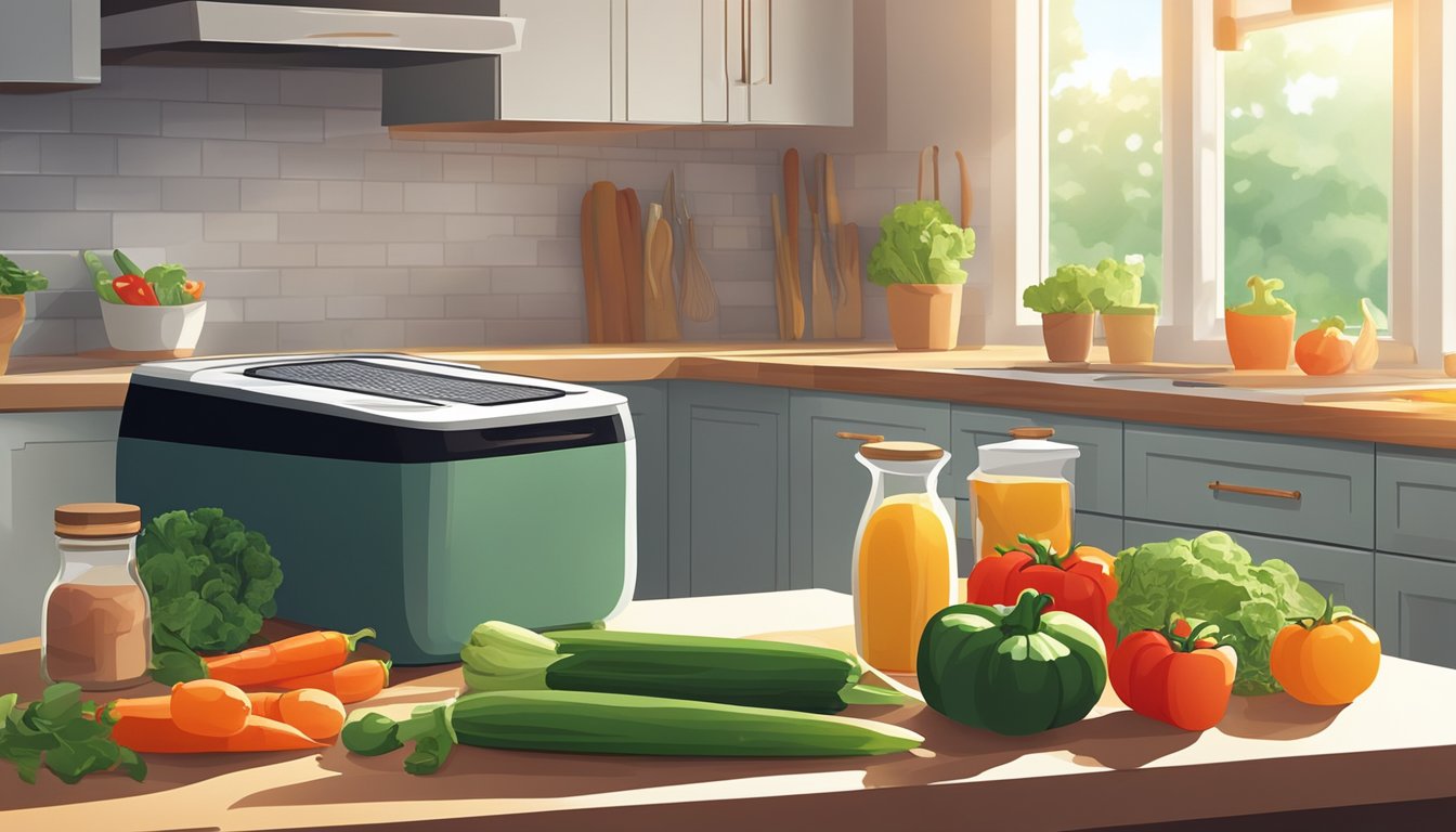 Fresh vegetables laid out on a clean kitchen counter next to a dehydrator, cutting board, and knife. Sunlight streams through the window, creating a warm and inviting atmosphere