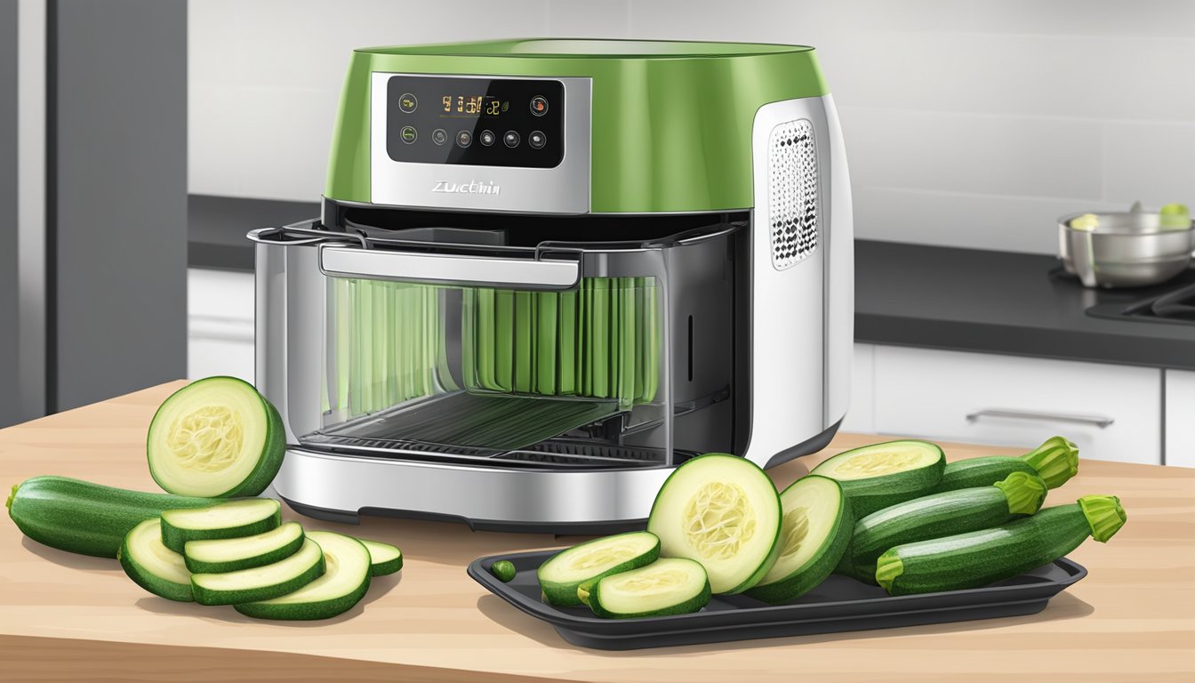 Fresh zucchini slices arranged on air fryer trays, with the appliance set to the dehydration setting