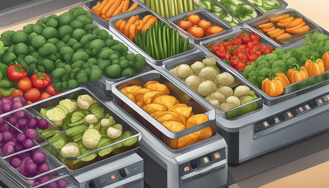 Assorted vegetables laid out on dehydrator trays under warm, circulating air