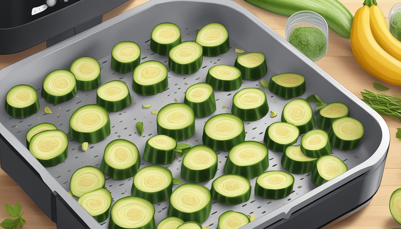 Fresh zucchini slices laid out on air fryer trays, surrounded by herbs and spices. The air fryer is set to the dehydrate function, with a timer counting down