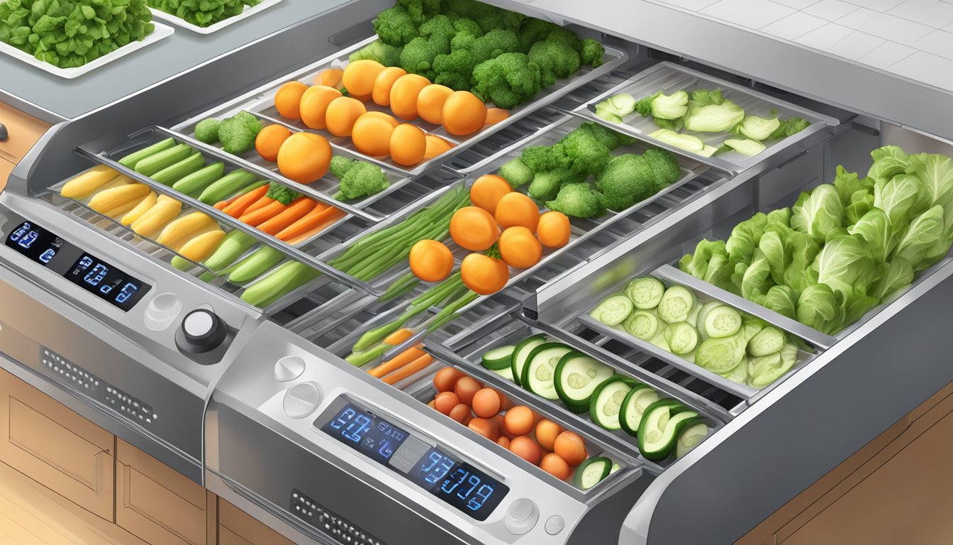 Fresh vegetables arranged on dehydrator trays, with a timer and temperature control panel visible. A clean, well-lit kitchen environment with emphasis on organization and safety