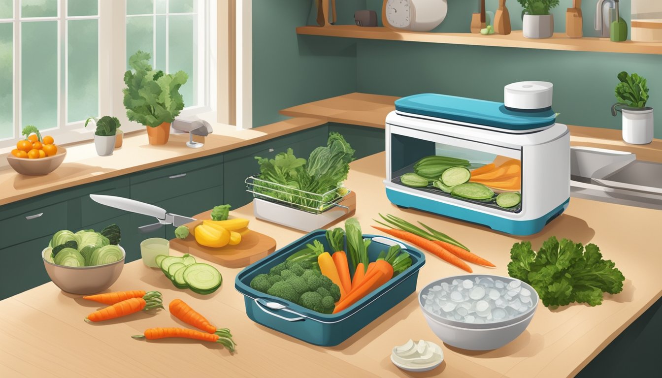 A kitchen counter with a dehydrator, various vegetables, cutting board, knife, and a bowl of water for blanching