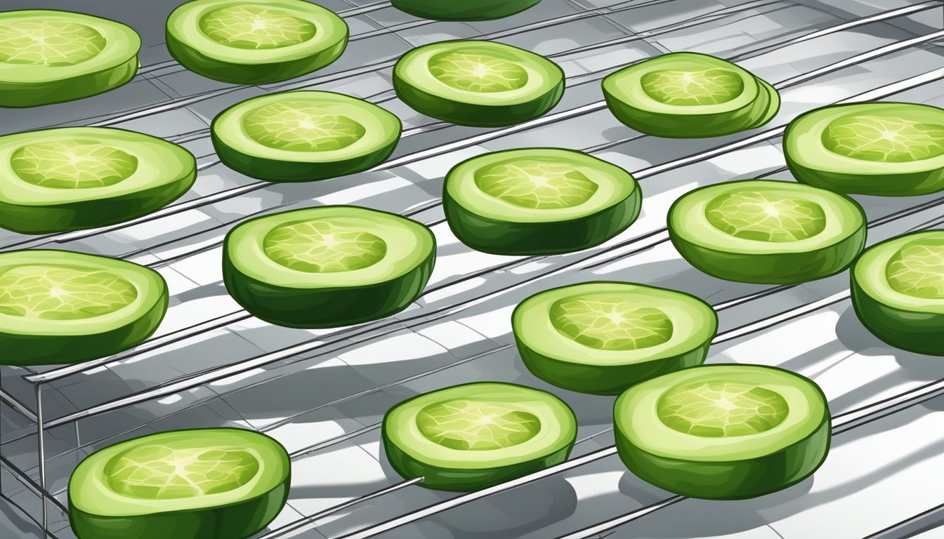 Fresh zucchinis sliced into thin rounds arranged on wire racks inside a hot oven, with the warm air circulating around them for fast dehydration