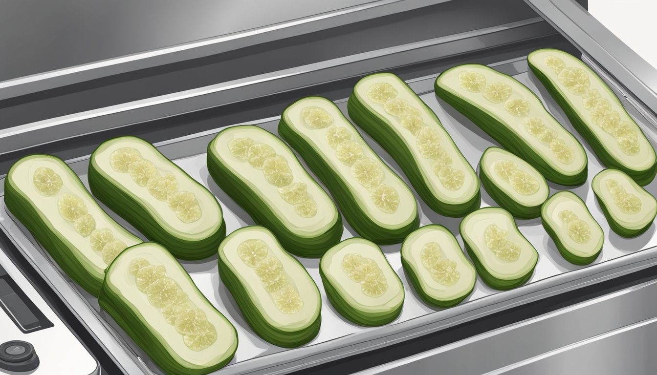 Fresh zucchini slices laid out on dehydrator trays, oven set to low temperature, with a timer counting down