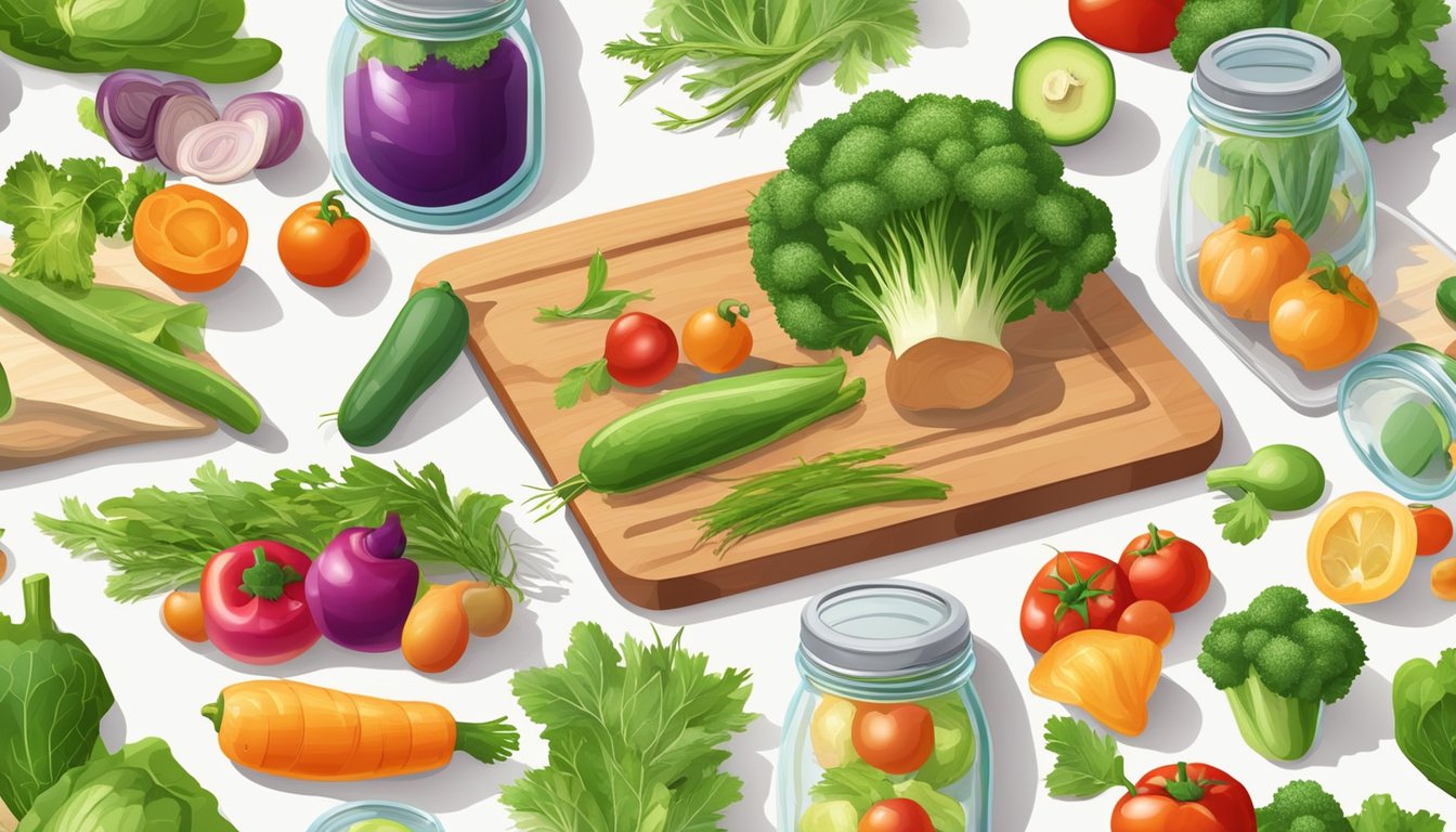 Assorted fresh vegetables spread out on a cutting board, a dehydrator machine, and glass jars for storage